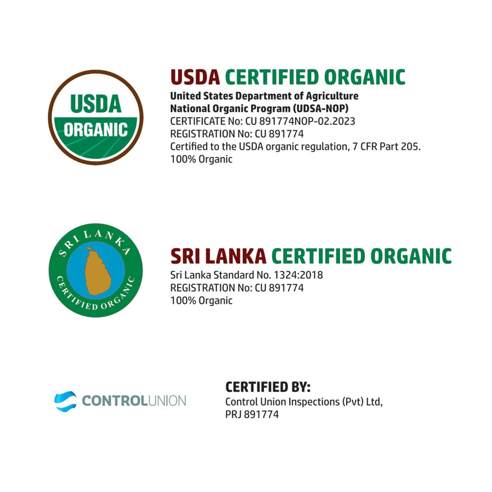 Jar label detail showing True Ceylon organic certification and traceability