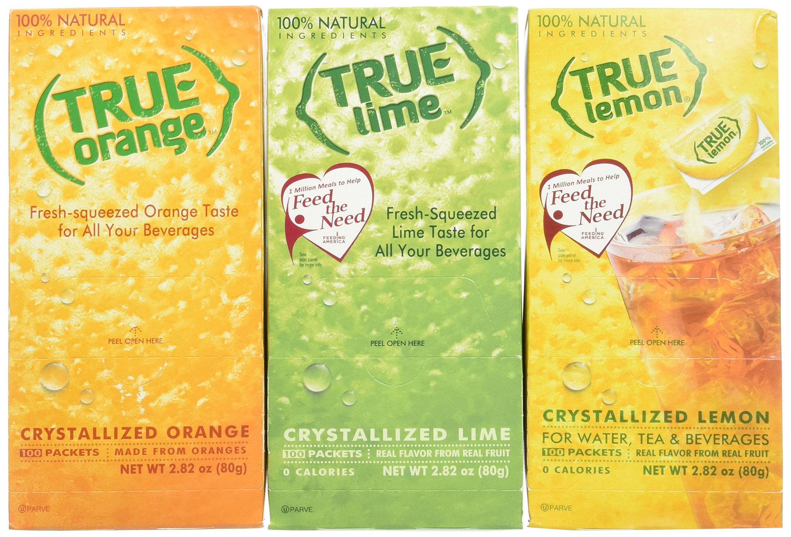 True Citrus front packaging showing lemon lime orange packets and convenient dispenser benefit