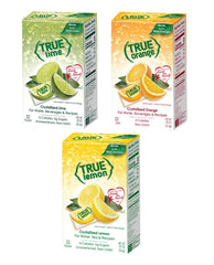 True Citrus front packaging showing all three 32-count tubs and bright branding, convenient storage