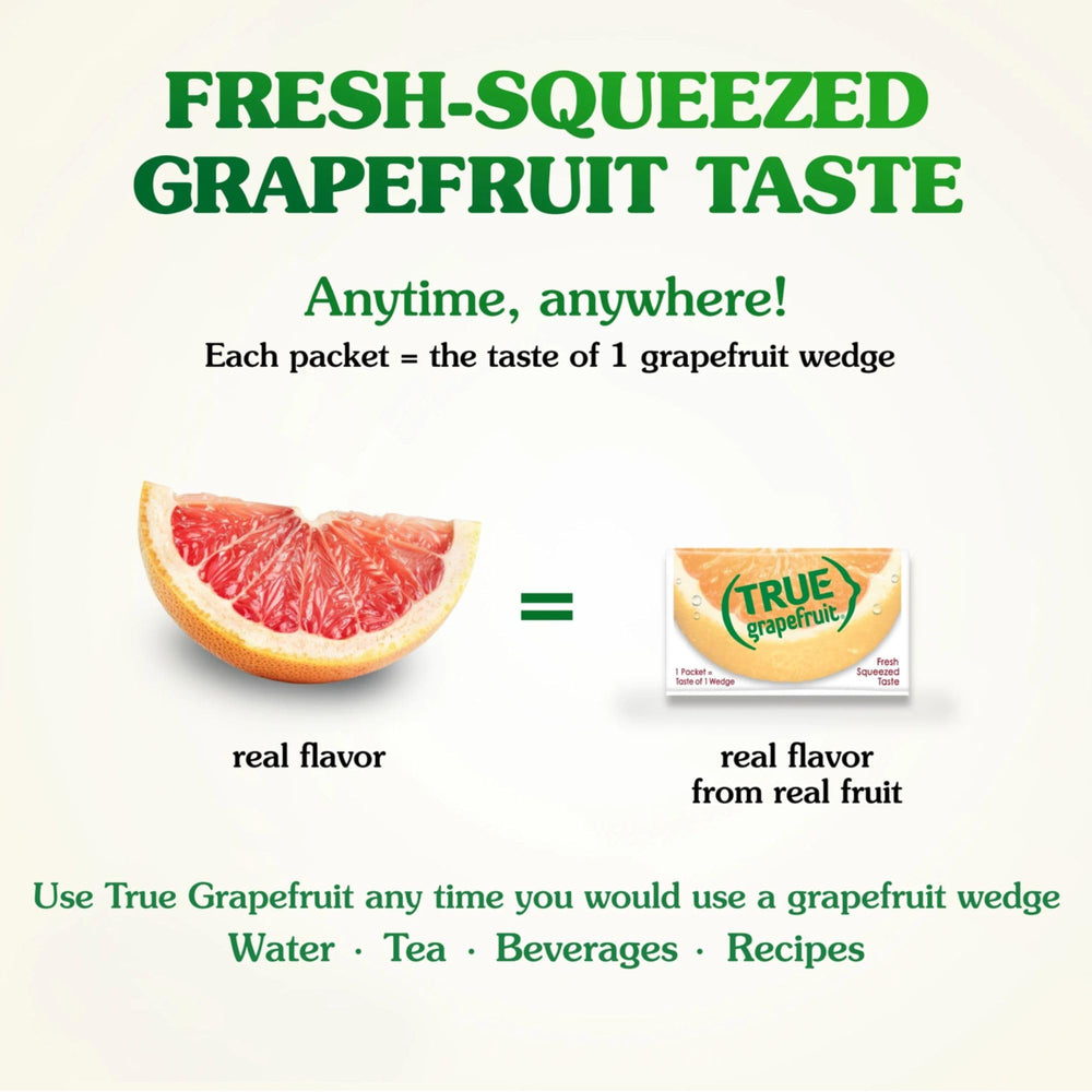 True Grapefruit powder texture spilling from packet with authentic citrus oils