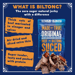 True Jerky close-up of biltong texture highlighting tender slices and savory flavor