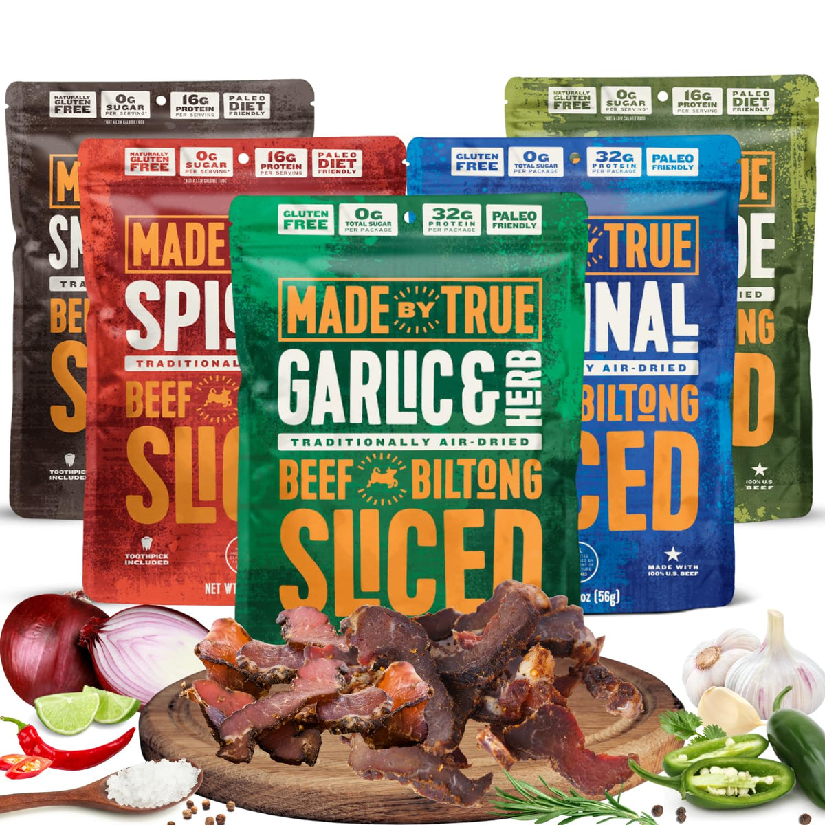 True Jerky front package showing five 2oz pouches and variety labeling benefits convenience