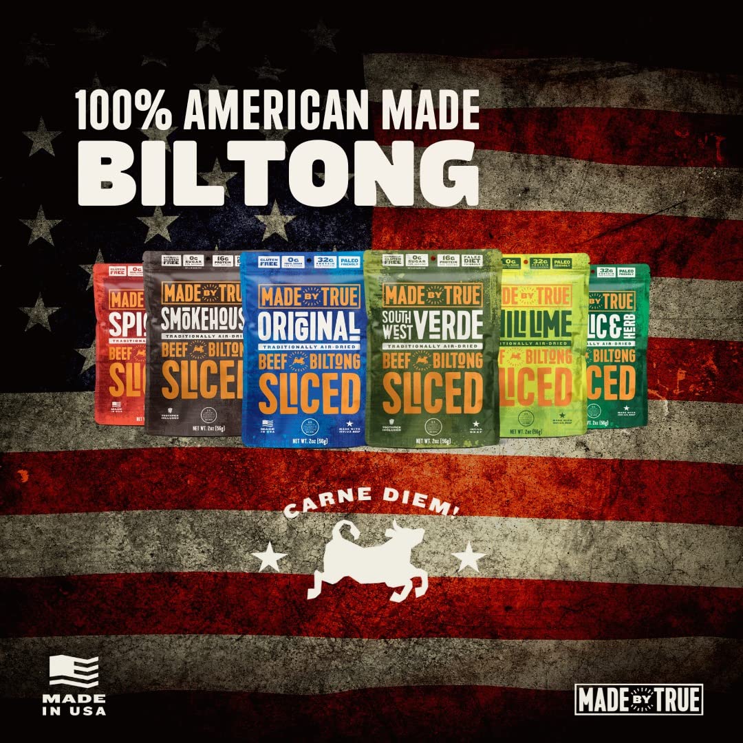 True Jerky opened pouch exposing sliced biltong bites ready to eat for portable protein