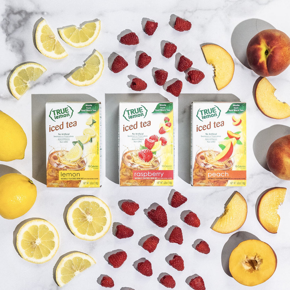 True Lemon ingredients display with tea leaves and lemon showing real-flavor benefit