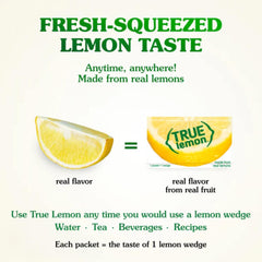 True Citrus packet being poured into a cup, fast-dissolving lemon for beverages benefit