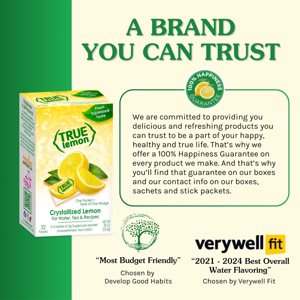 True Lemon packet next to a hand for scale, brand showing portable single-serve benefit