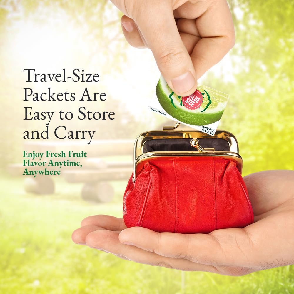True brand packet next to a standard water bottle to show single-serve size and portability