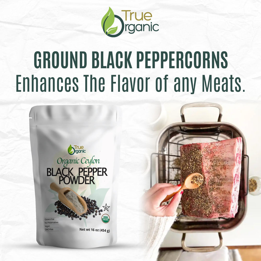 True Organic measuring spoon scooping pepper demonstrating easy portioning benefit
