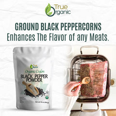 True Organic measuring spoon scooping pepper demonstrating easy portioning benefit