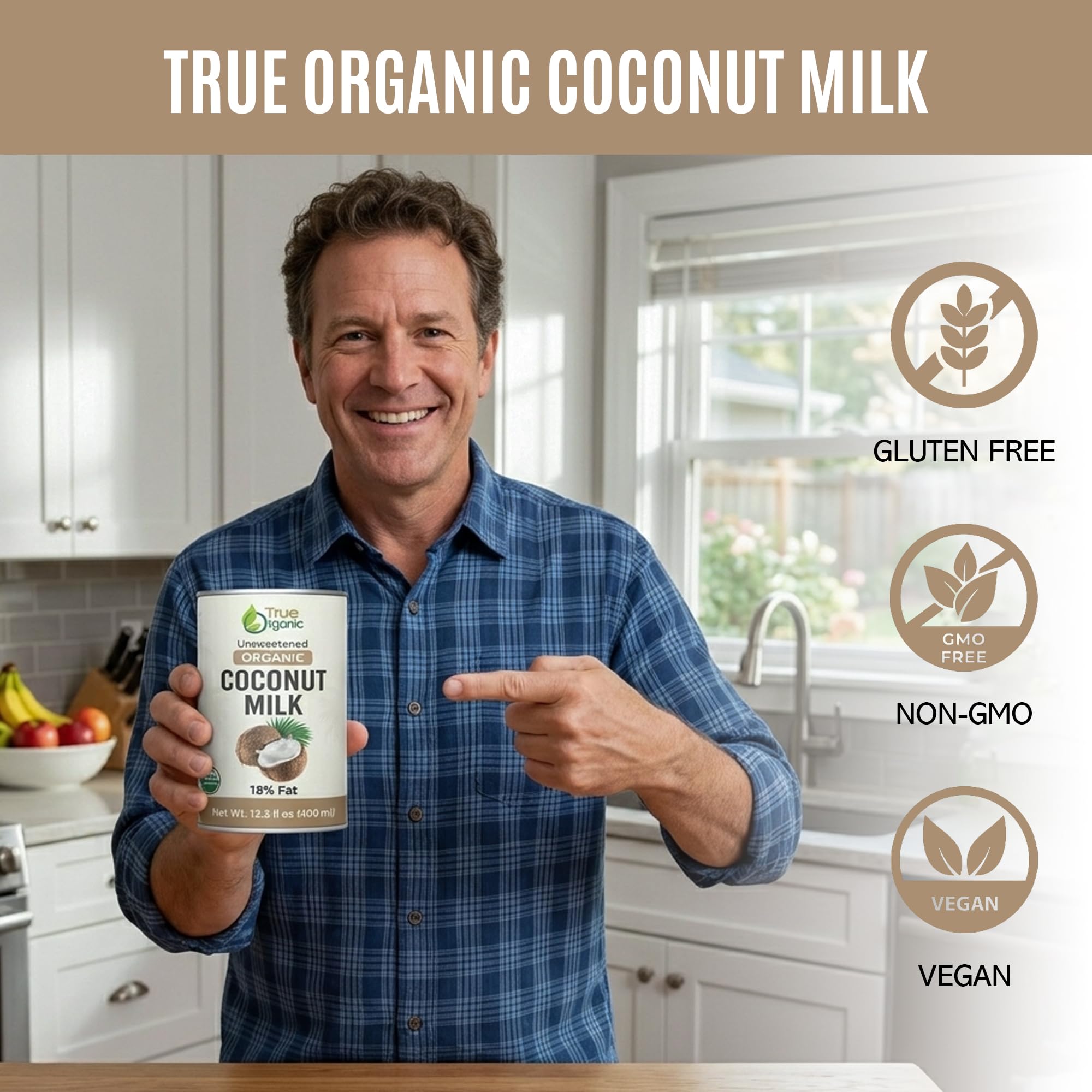 Row of True Organic cans in pantry, bulk supply convenience
