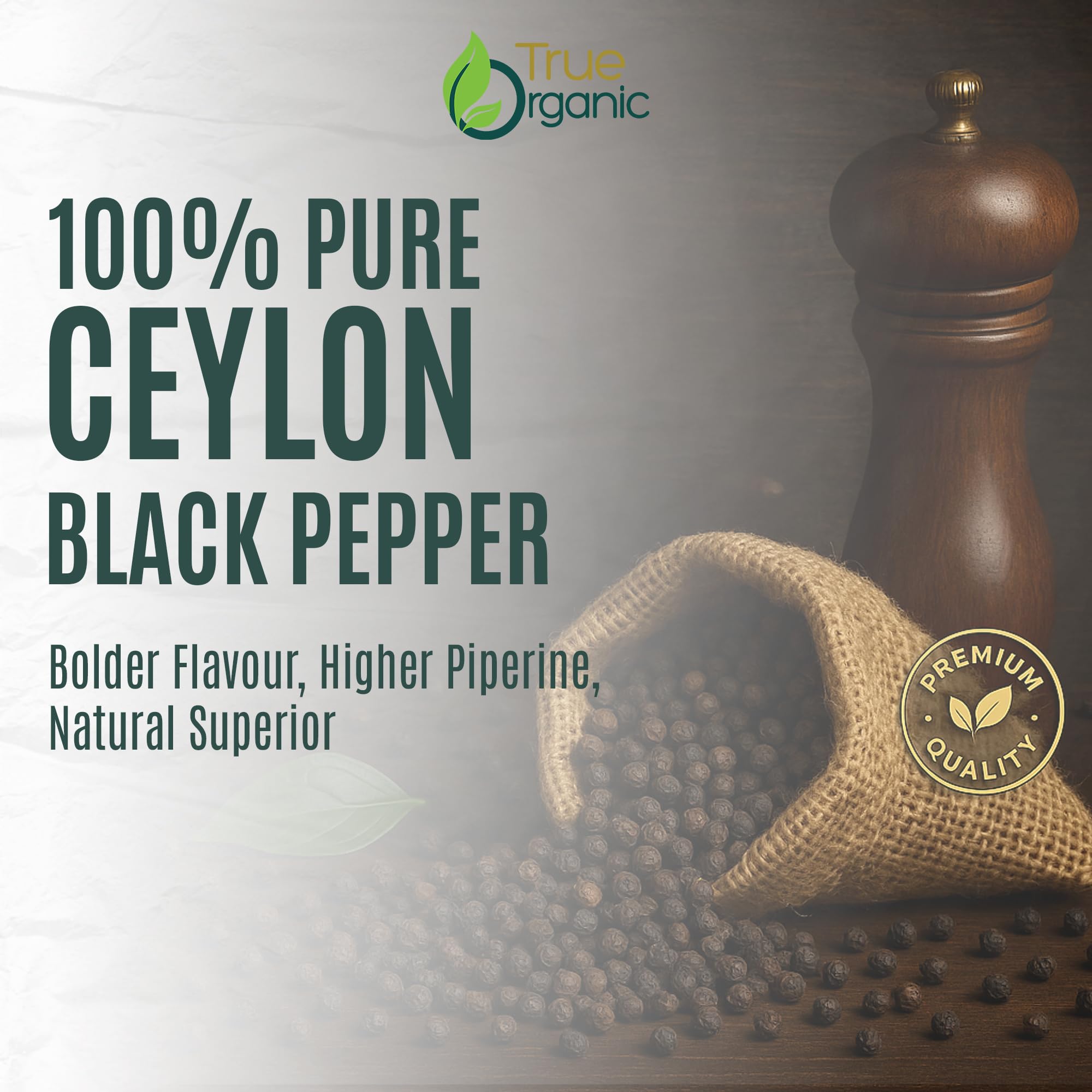 True Organic spoonful of peppercorns beside measuring scale, demonstrating one-pound quantity
