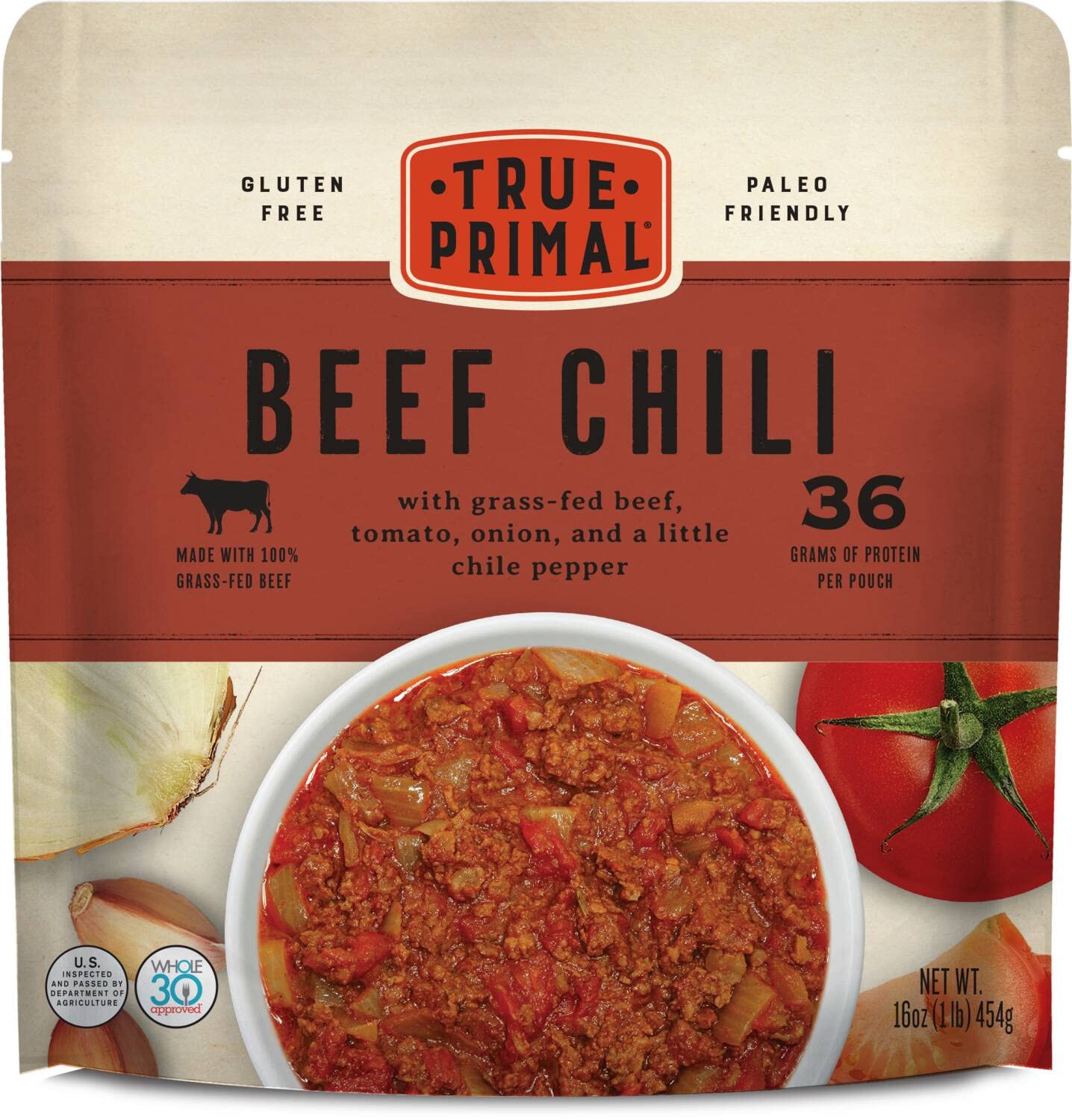True Primal front pouch showing product branding and ready-to-eat benefit
