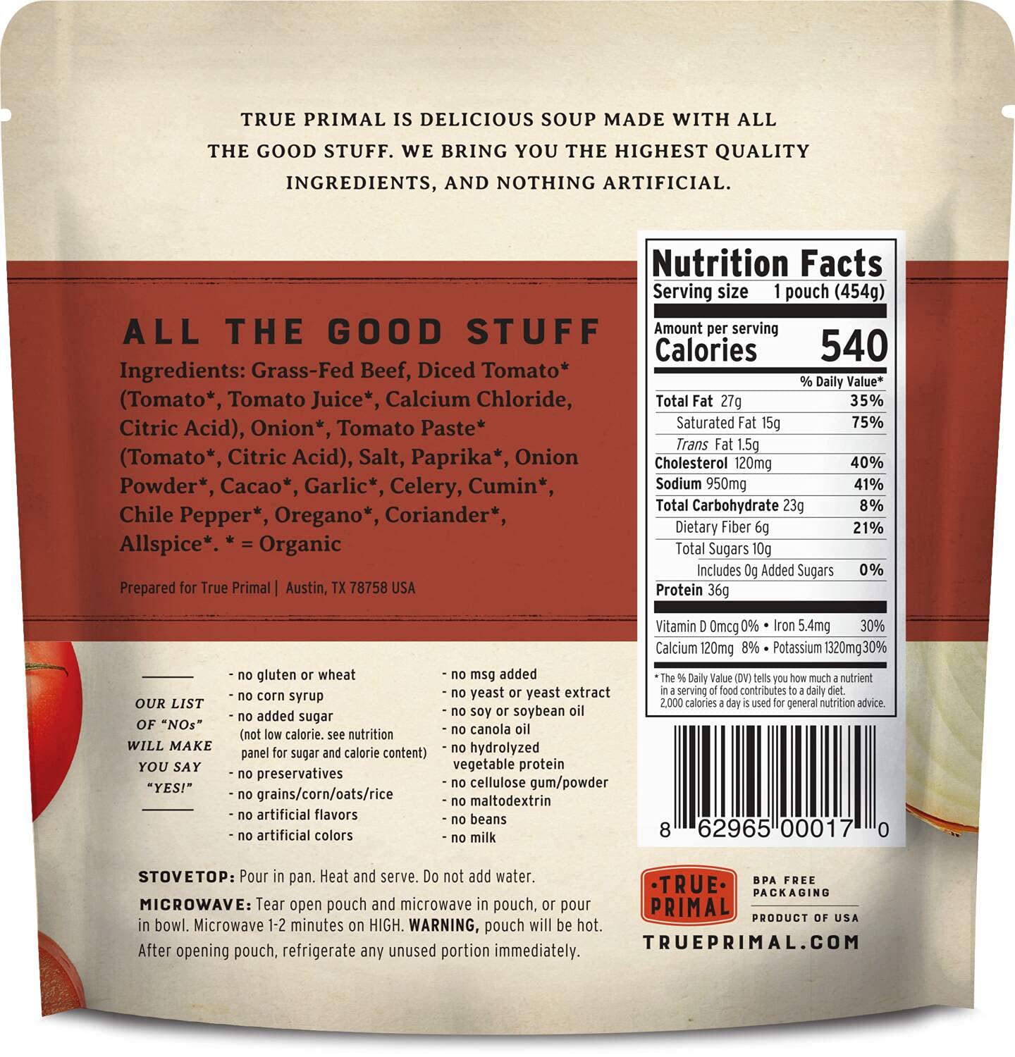 True Primal back label with ingredients and nutrition clarity benefit