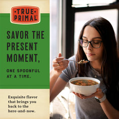 True Primal broth pour from pouch emphasizing rich bone-broth and collagen benefit