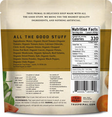 True Primal open can top view showing hearty beef, broth and potatoes