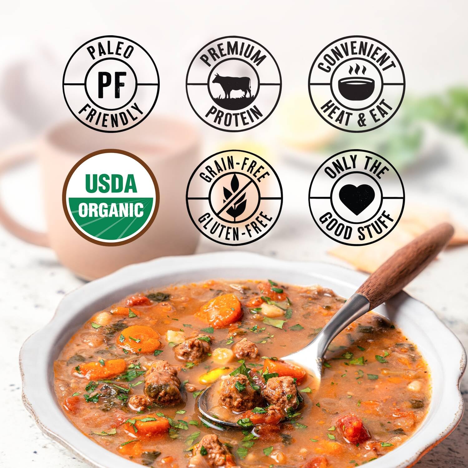 True Primal soups stacked in pantry for shelf-stable convenience