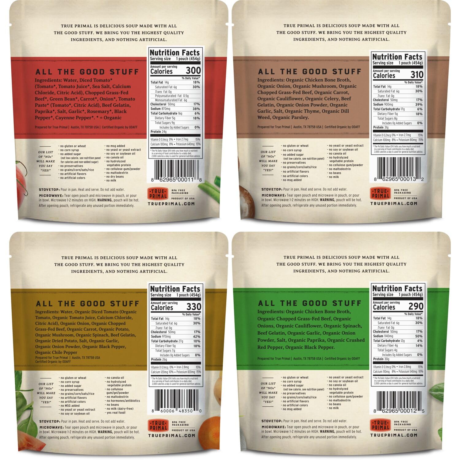 True Primal pouch close-up of label and texture highlighting convenient heating