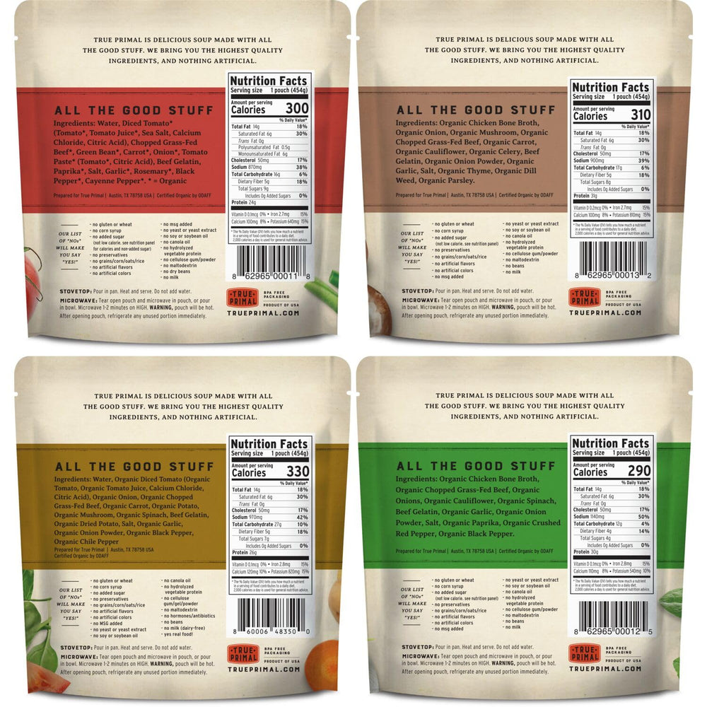 True Primal pouch close-up of label and texture highlighting convenient heating