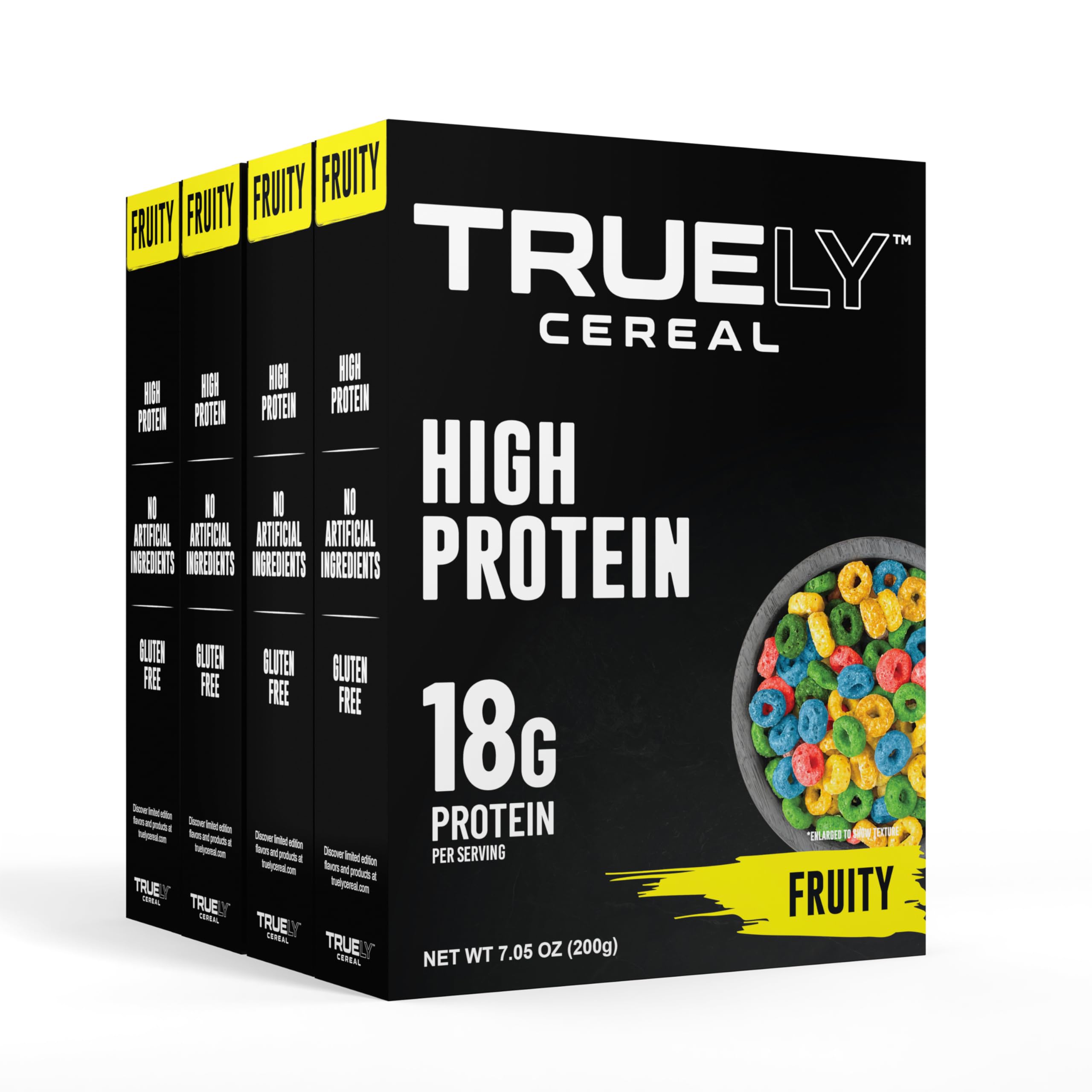 Truely Cereal front packaging showing nutrition and fruity appeal for quick protein