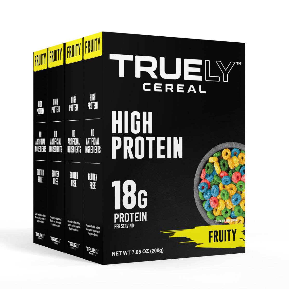 Truely Cereal front packaging showing nutrition and fruity appeal for quick protein