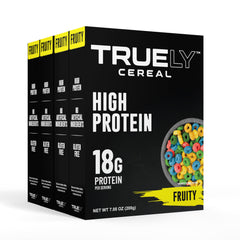 Truely Cereal front packaging showing nutrition and fruity appeal for quick protein
