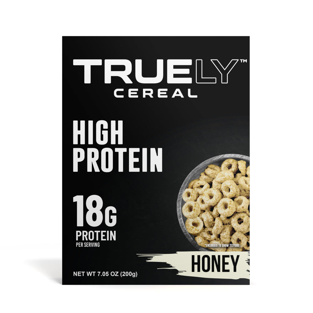 Portion comparison with a serving bowl and measuring cup showing Truely Cereal protein content