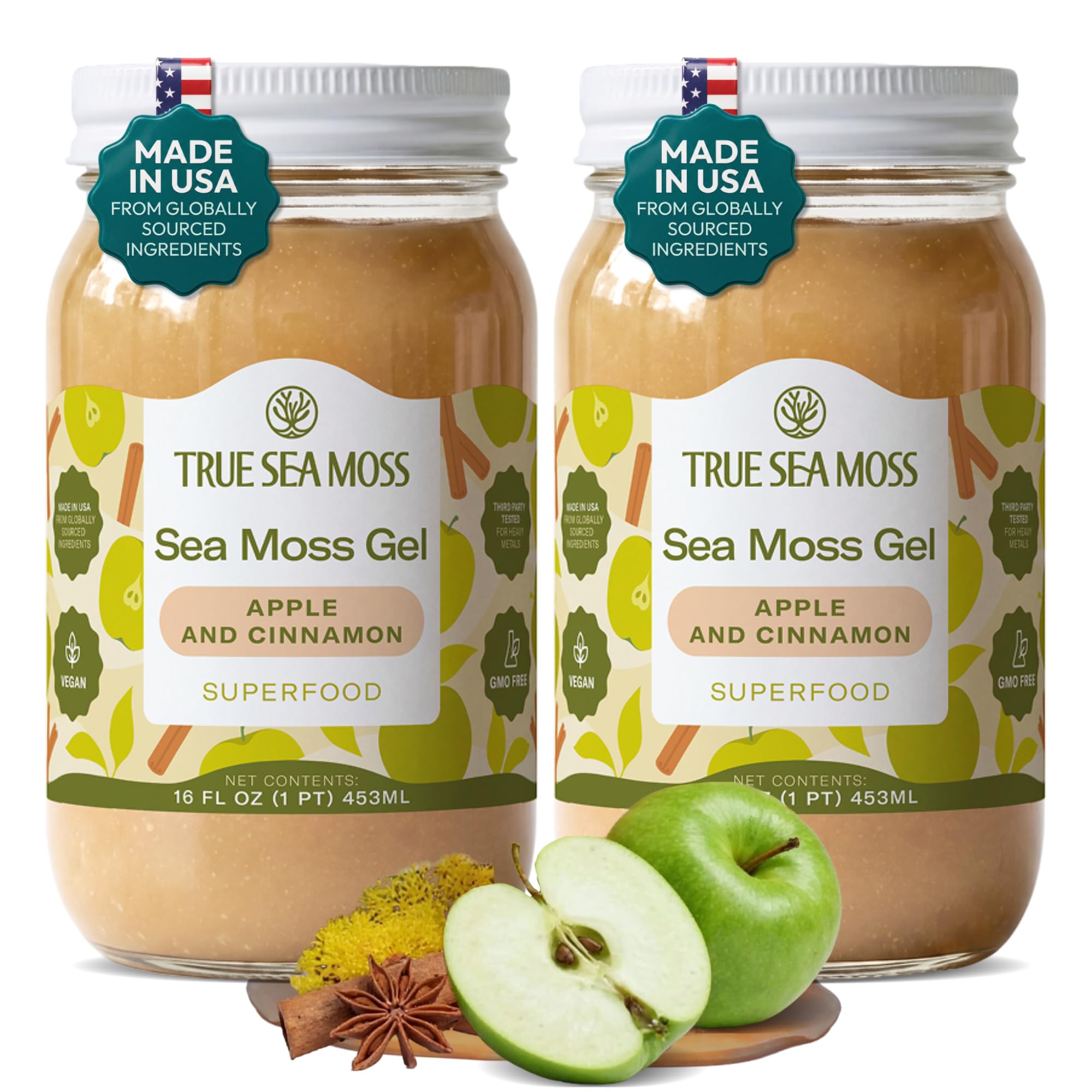TrueSeaMoss front packaging showing two 16oz jars and flavor label benefit convenience