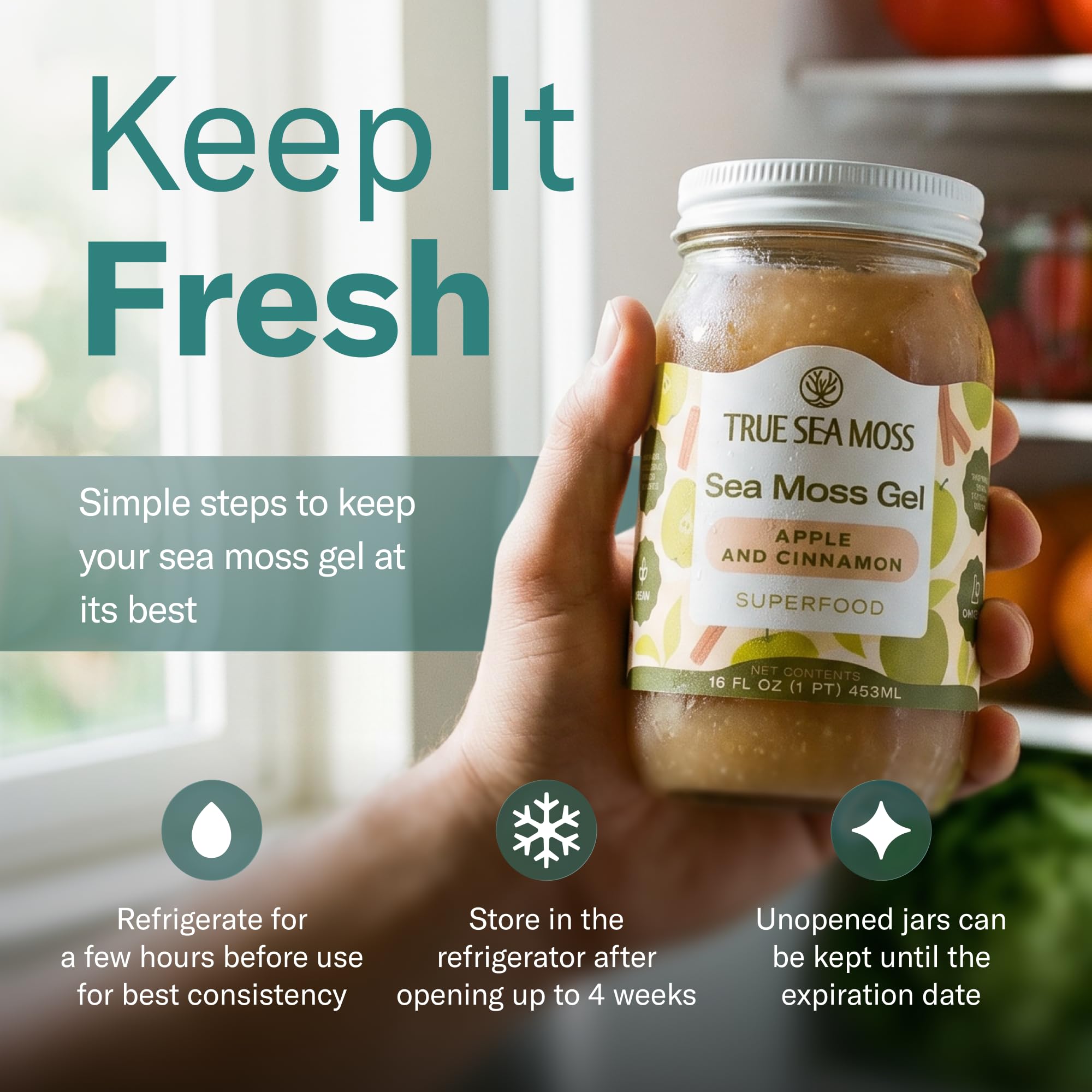 TrueSeaMoss jar on kitchen counter with fruits showing culinary versatility
