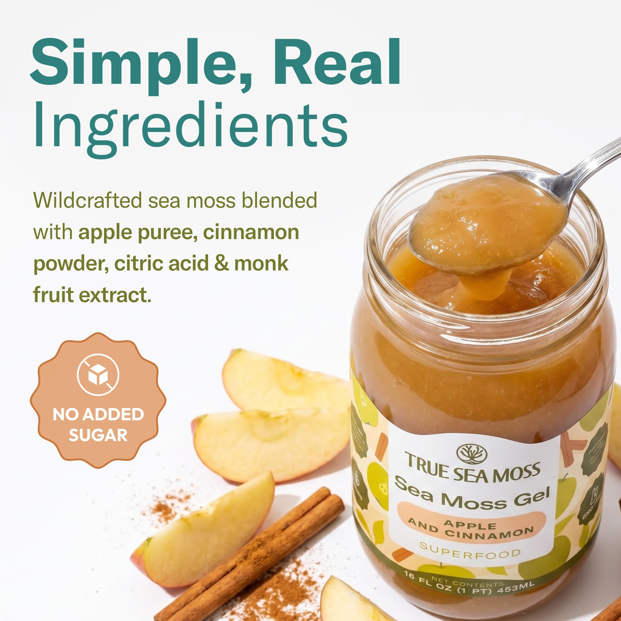 TrueSeaMoss open jar top view revealing smooth apple cinnamon gel texture and freshness