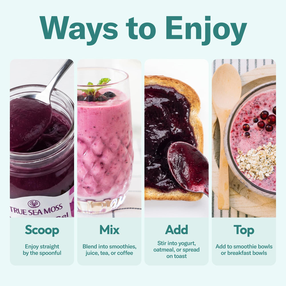 TrueSeaMoss elderberry gel texture close-up showing smooth spreadable consistency