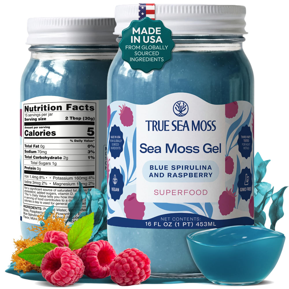 TrueSeaMoss front jar showing label and natural wellness benefits