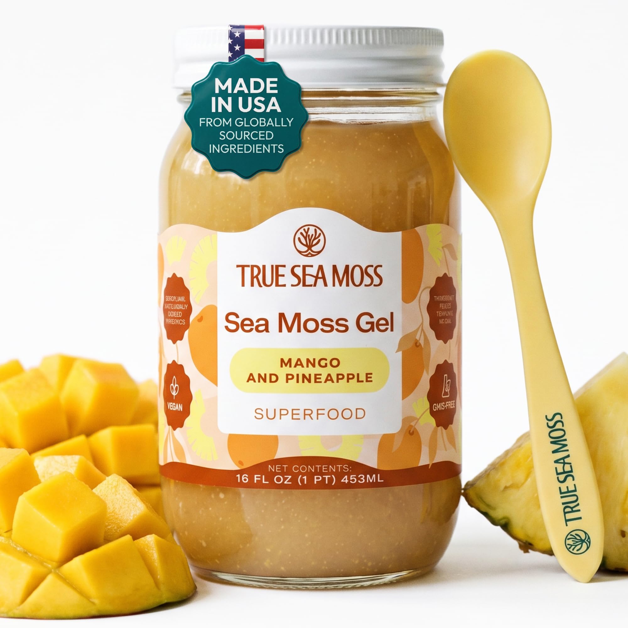TrueSeaMoss front packaging shows 16oz jar and tropical flavor benefits