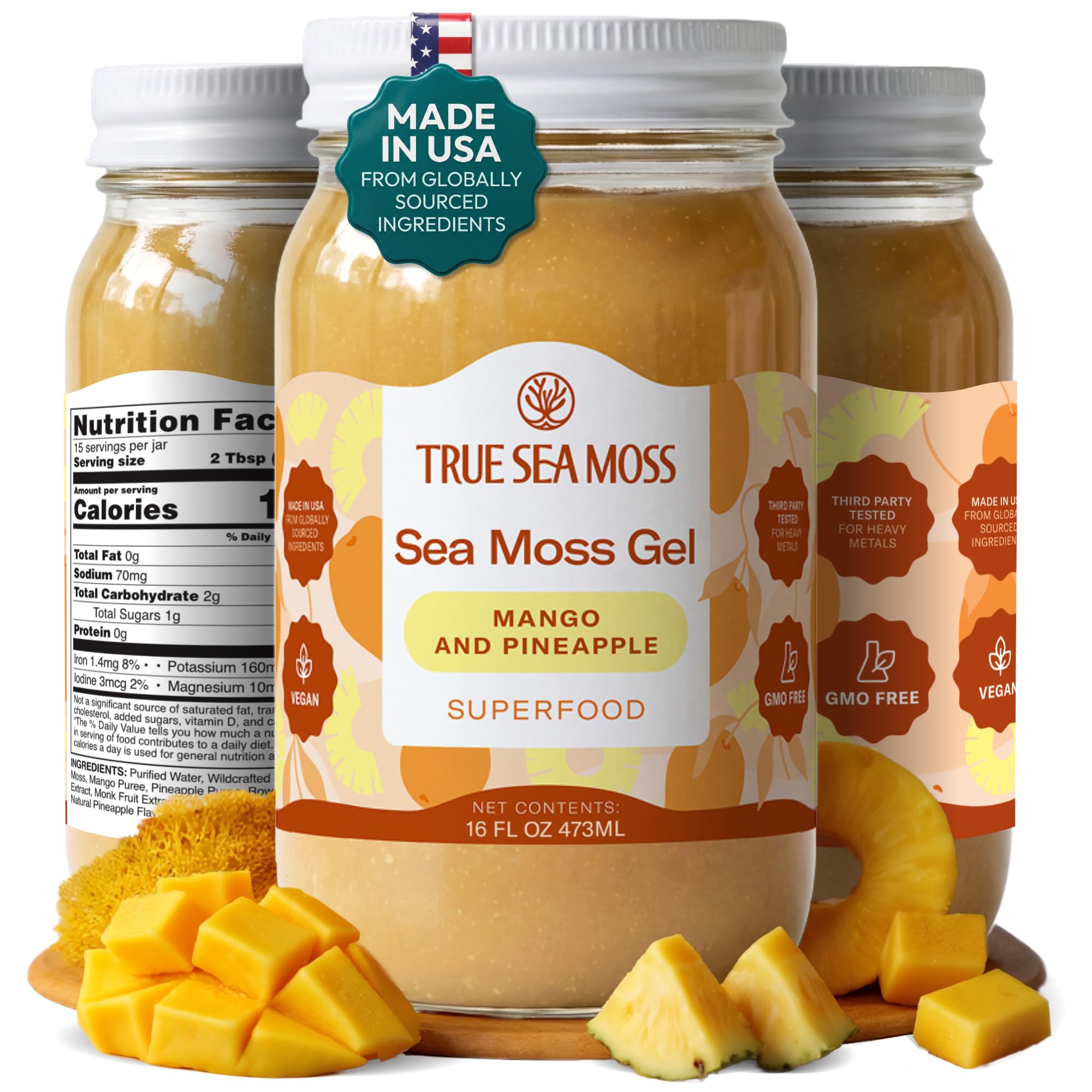 TrueSeaMoss front jar showing mango pineapple flavor and clear labeling benefit convenience