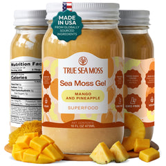 TrueSeaMoss front jar showing mango pineapple flavor and clear labeling benefit convenience