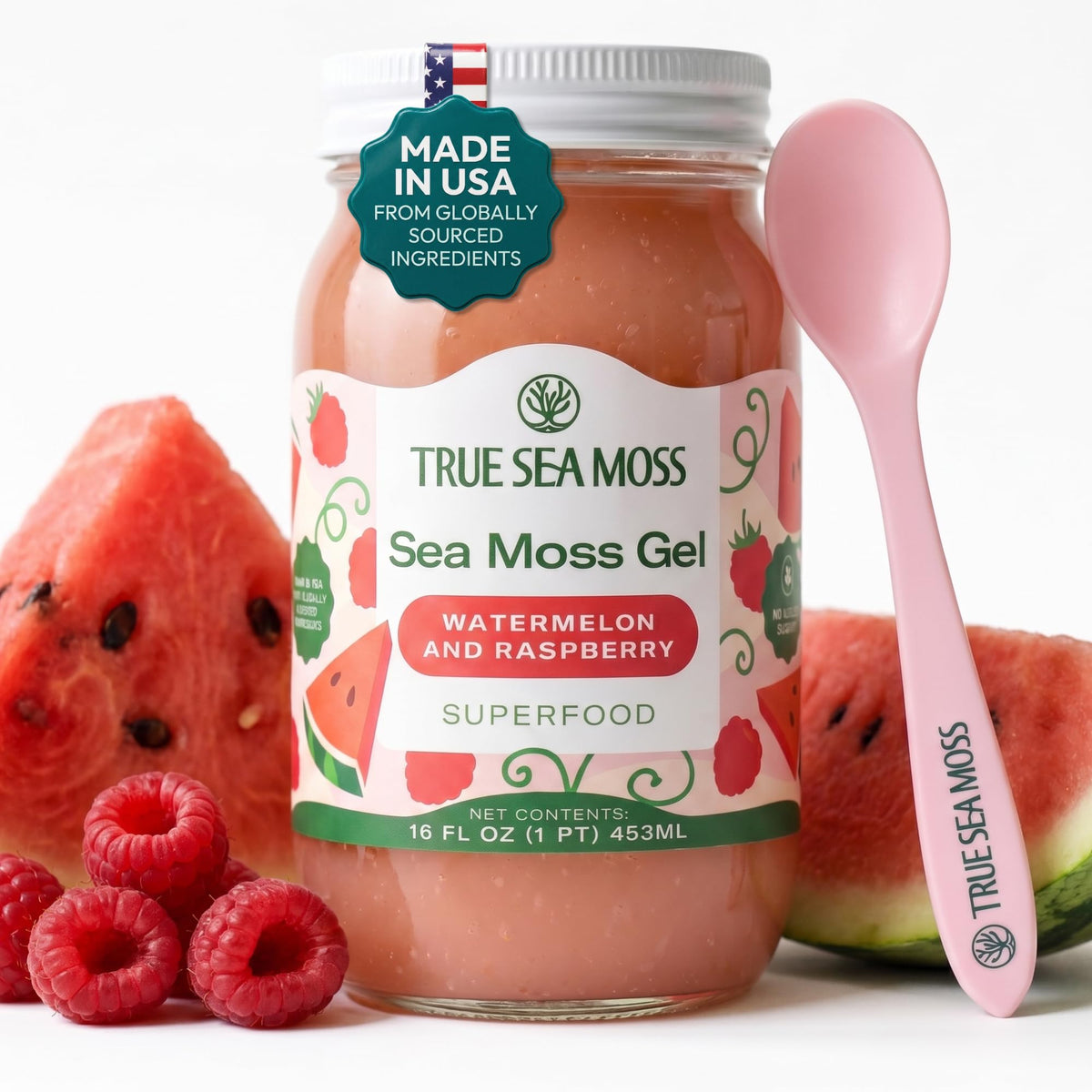 TrueSeaMoss front packaging showing watermelon raspberry flavor and clear jar benefit visual clarity