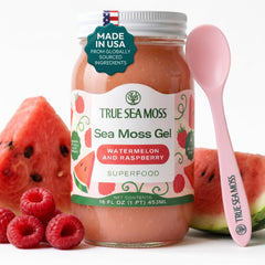 TrueSeaMoss front packaging showing watermelon raspberry flavor and clear jar benefit visual clarity