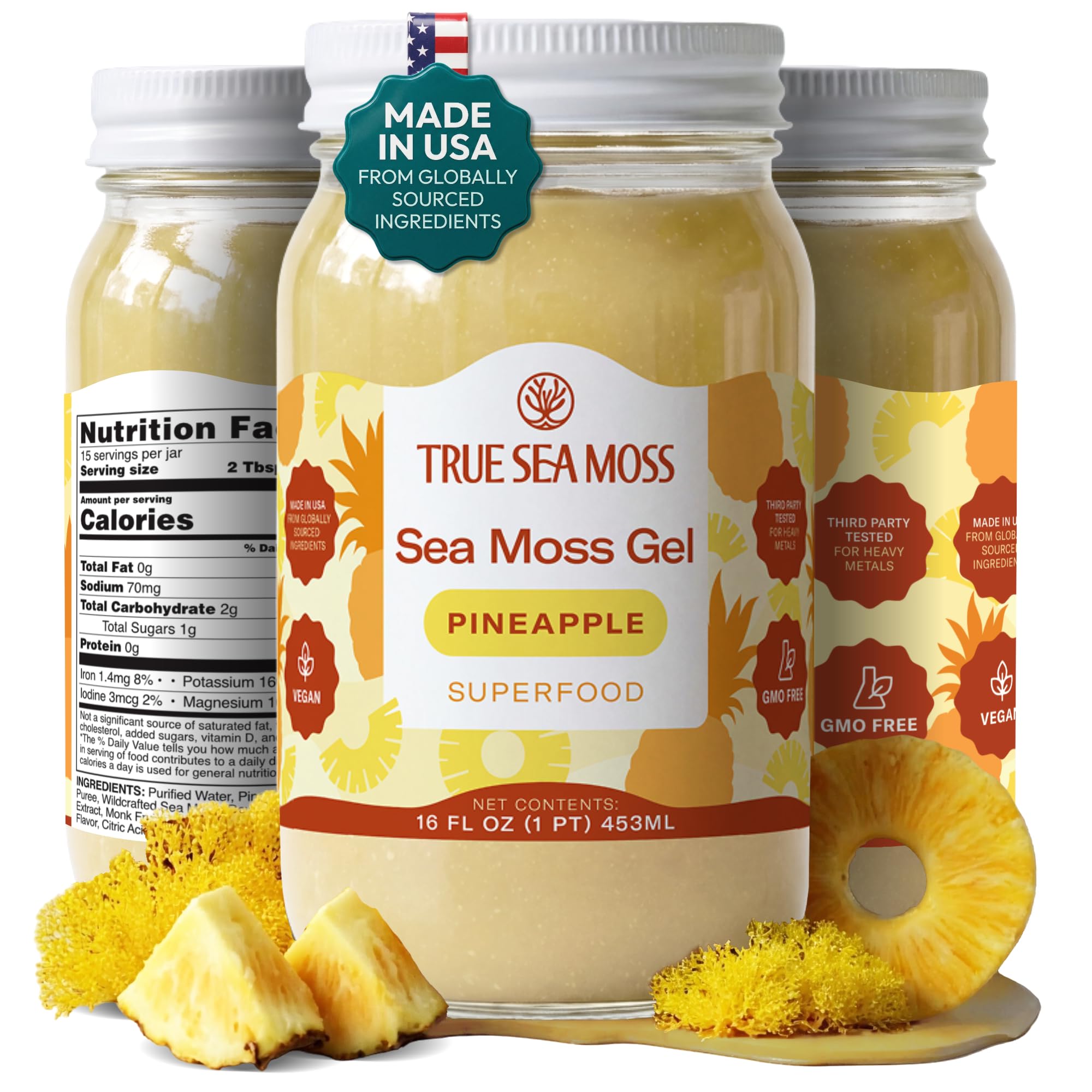 TrueSeaMoss front jar showing pineapple sea moss gel and clear glass benefit convenience