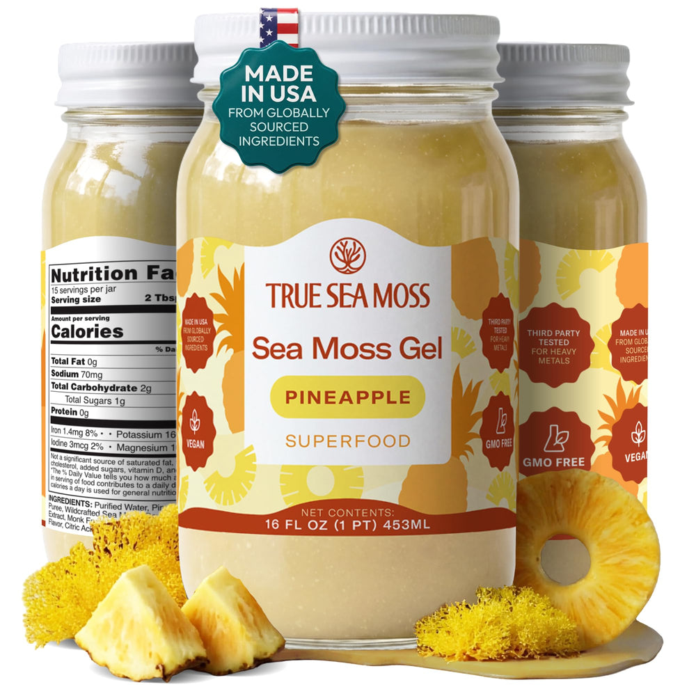 TrueSeaMoss front jar showing pineapple sea moss gel and clear glass benefit convenience