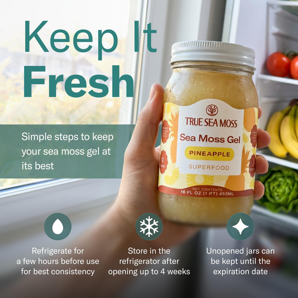 TrueSeaMoss jar beside fresh pineapple illustrating natural flavor and taste benefit