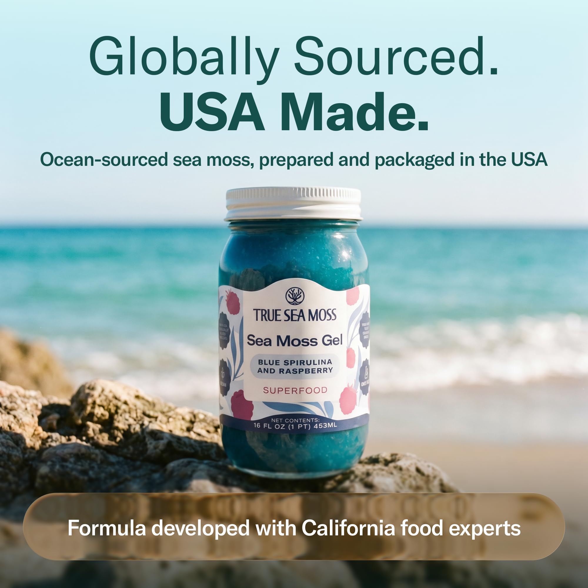 TrueSeaMoss spoon adding gel to a smoothie for convenient use