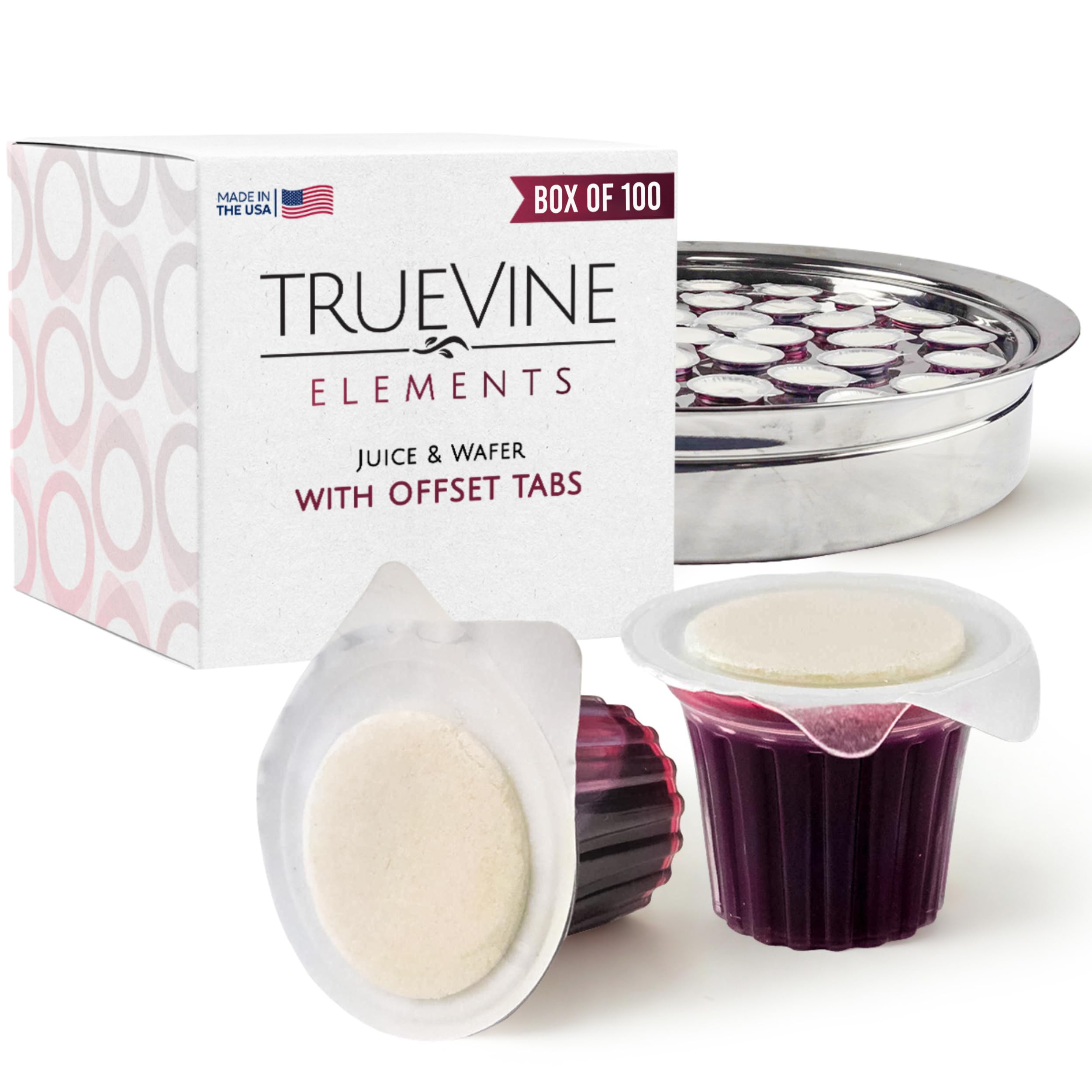 TrueVine front packaging showing box of 100 cups and wafers with clear labeling and convenience