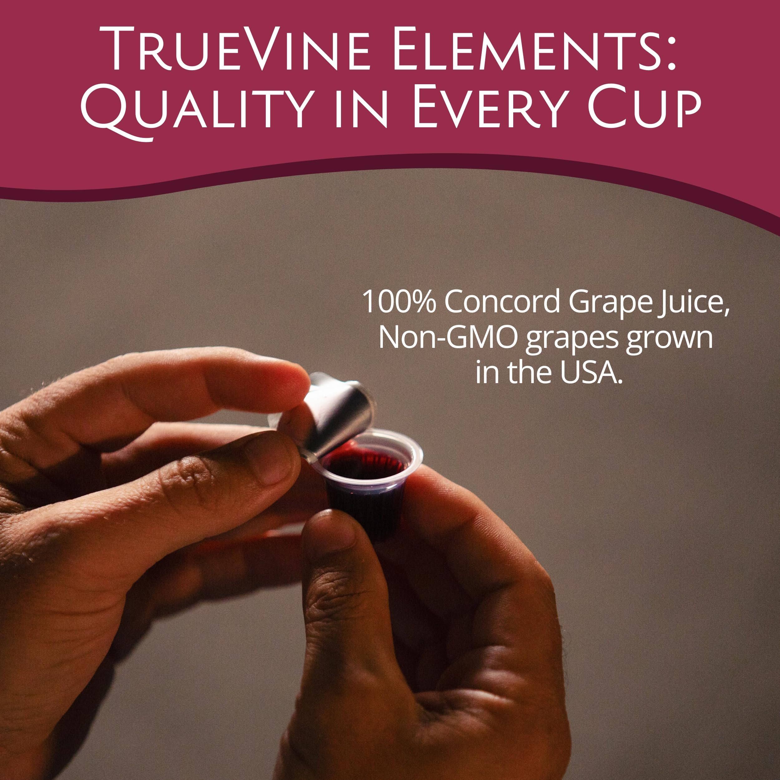 TrueVine cup held in hand to show scale and single-serve convenience for volunteers