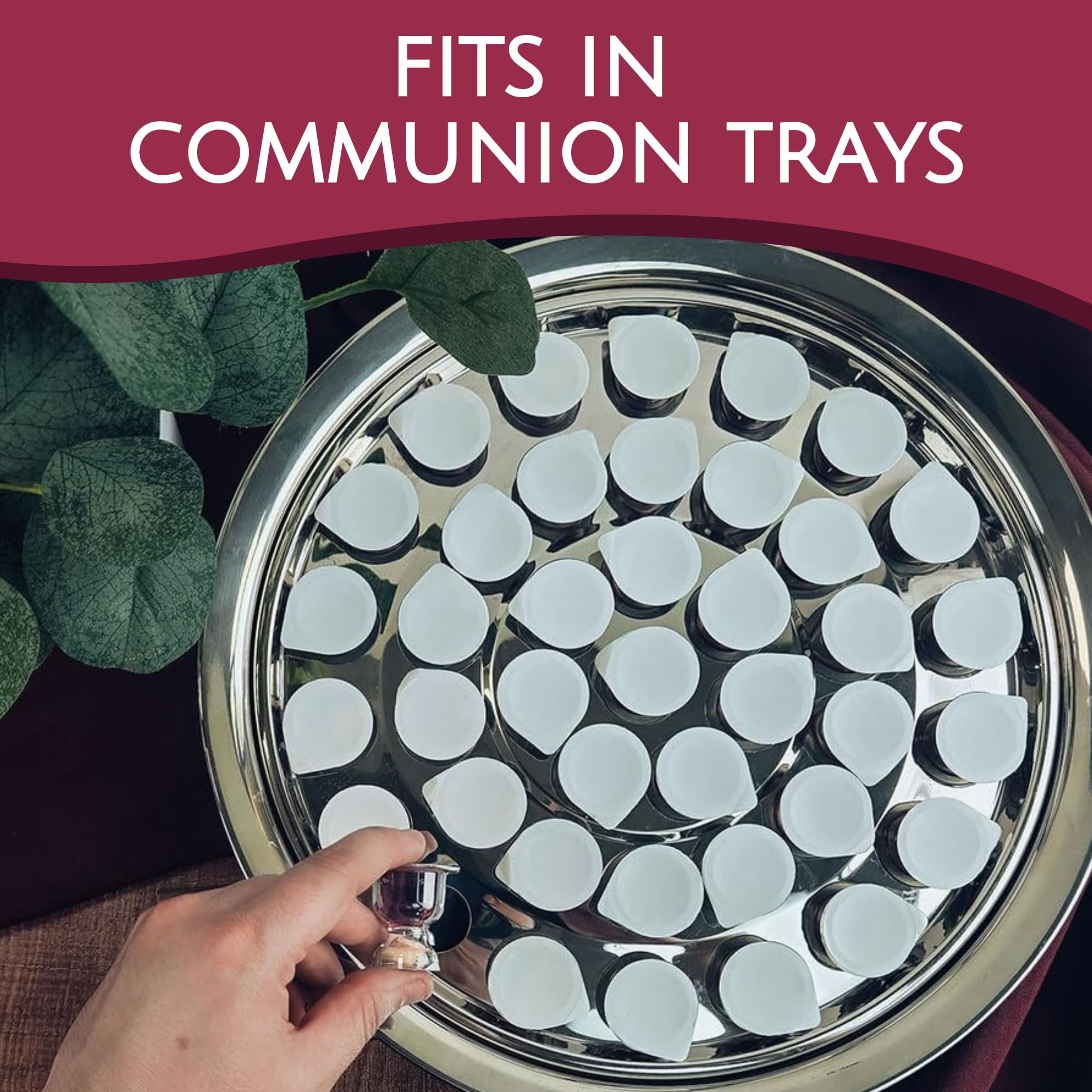 TrueVine cups on a communion tray illustrating tray compatibility and stable placement