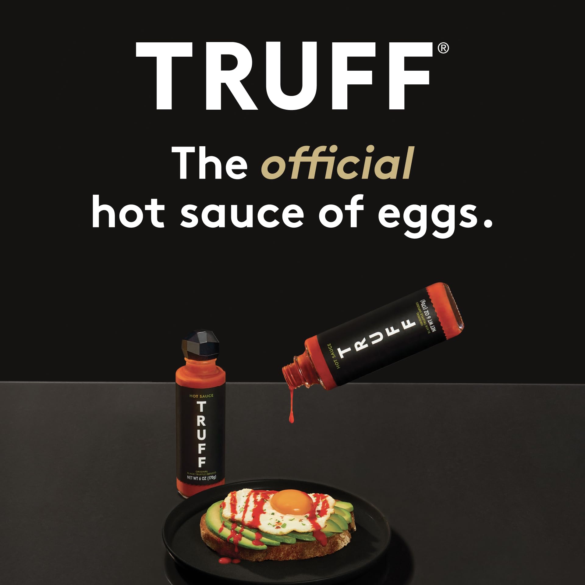 TRUFF bottle next to chef knife showing 6 oz size and kitchen readiness