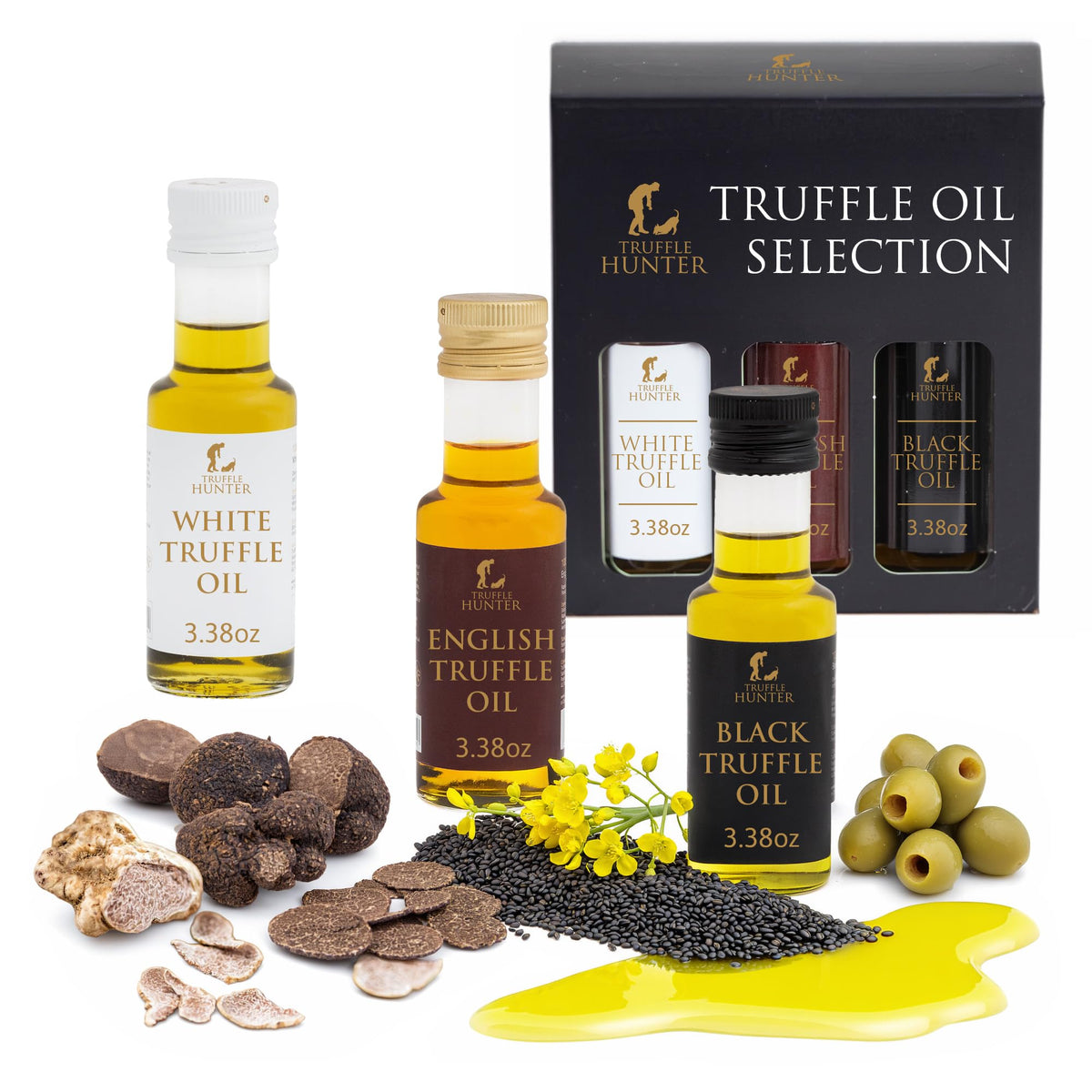 TruffleHunter gift set front packaging showing three bottles and elegant box for gifting