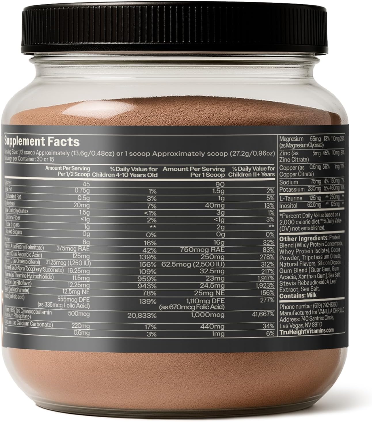 TruHeight chocolate powder close-up showing smooth texture and mixability