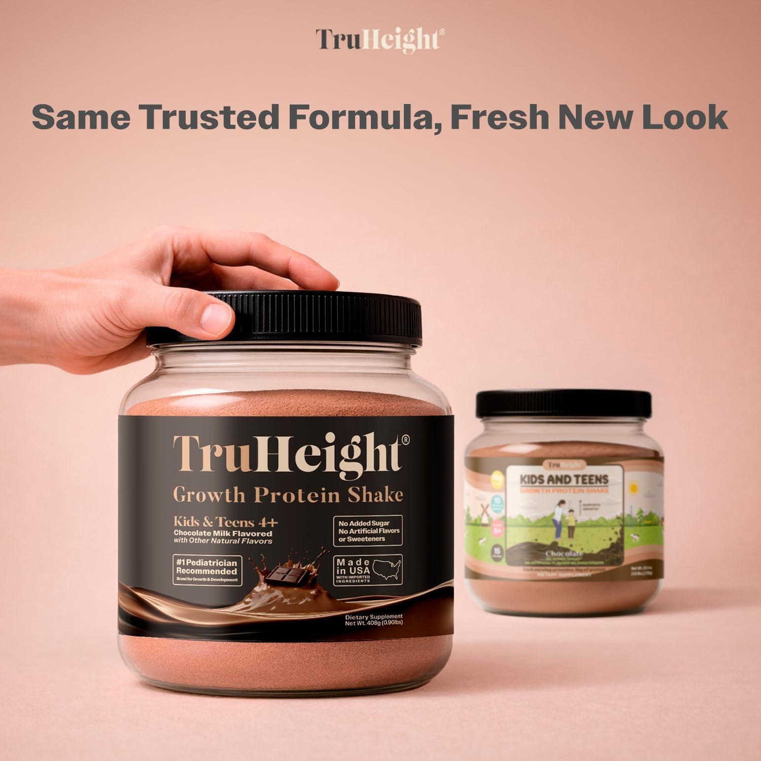 TruHeight chocolate protein shake in glass ready to drink, quick nutrition