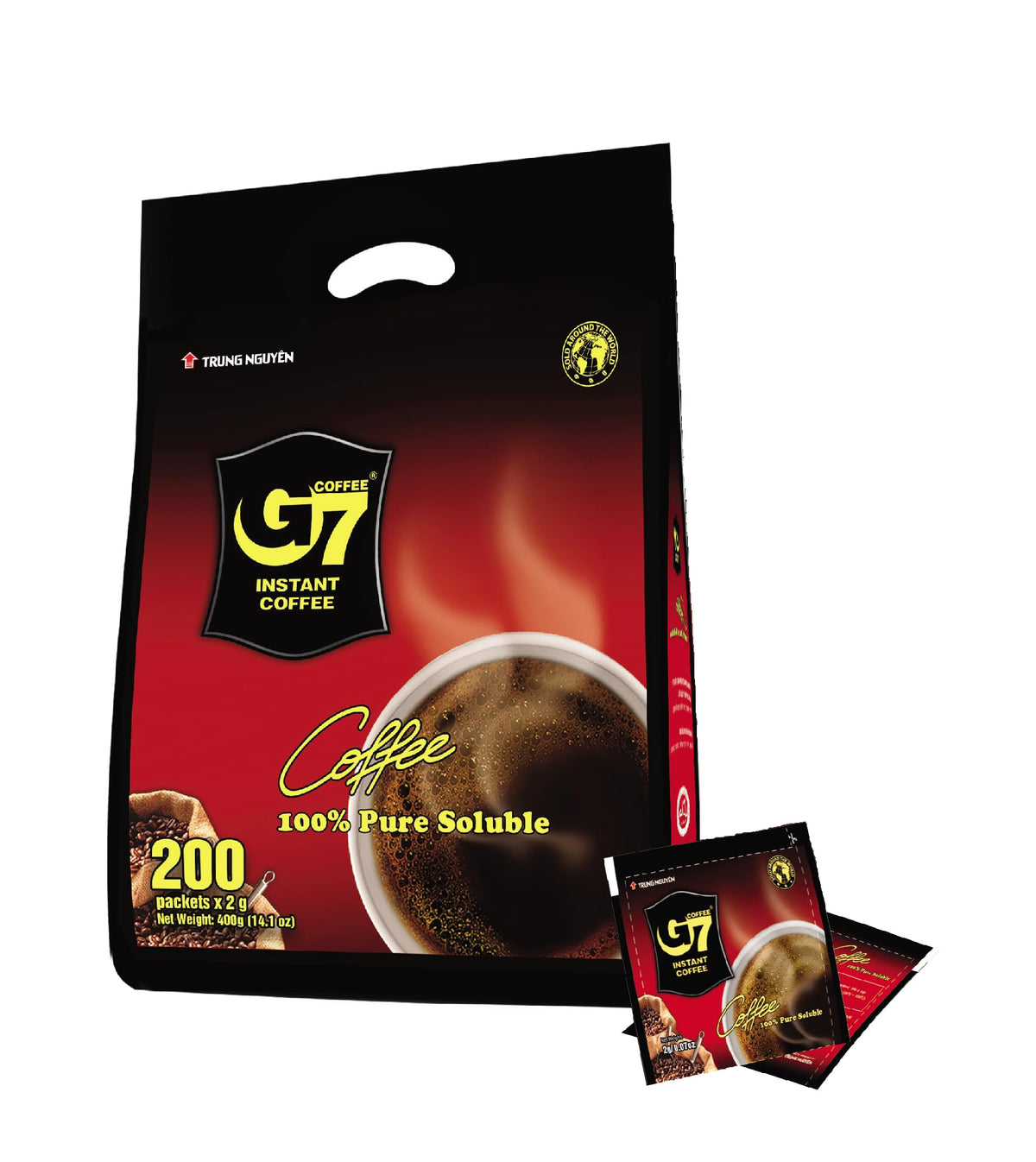 Trung Nguyen front packaging showing 200-packet box and convenience