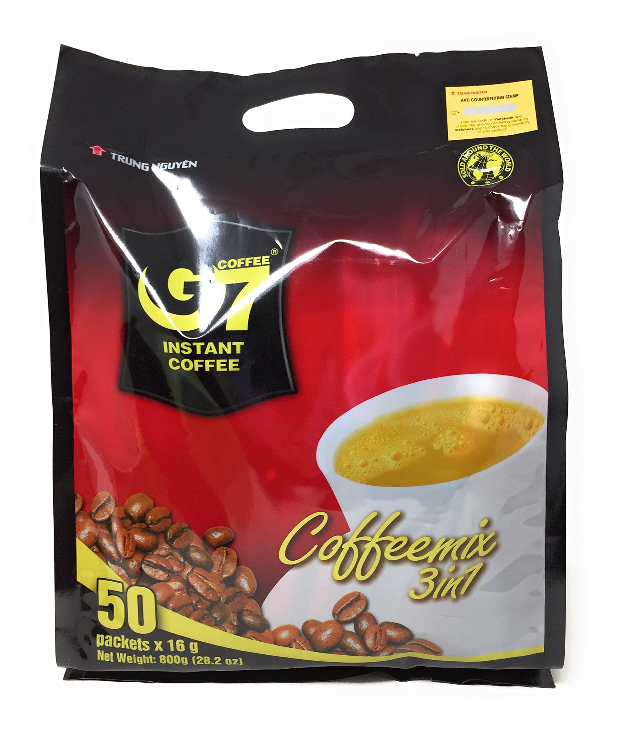 Trung Nguyen G7 front pouch showing 50 sachets and bold branding, convenient travel coffee