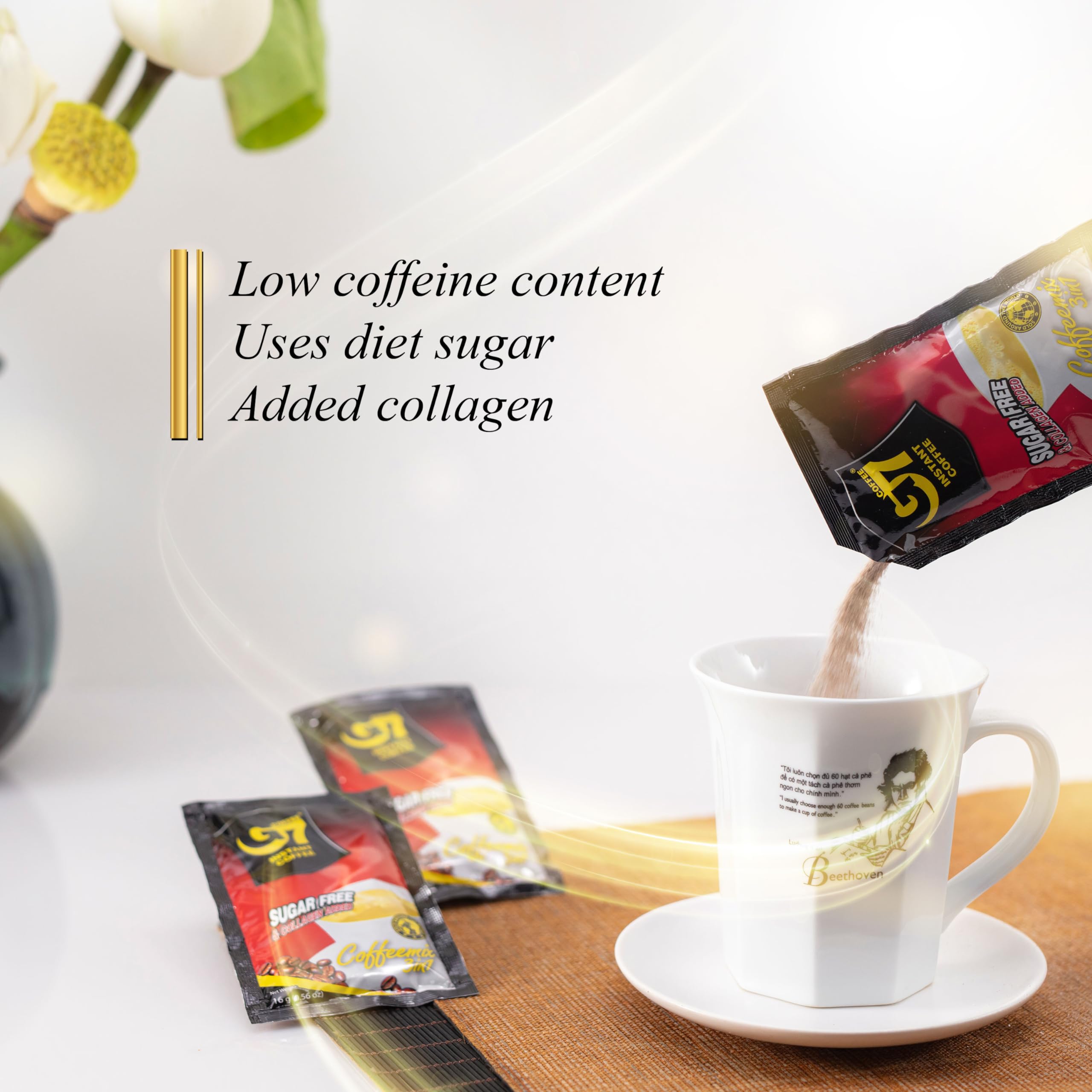 TRUNG NGUYÊN Legend brewed coffee in a mug in lifestyle setting for bold flavor benefit